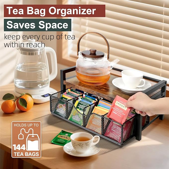 Tea Bag Organizer, Tea Bag Holder Organizer with 8-Compartment Adjustable Drawer, Wood & Metal Tea Box Organizer Chest for Countertop Kitchen, Office