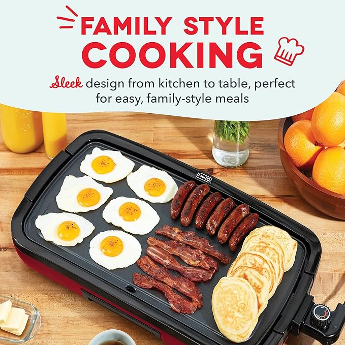 Dash Deluxe Everyday Griddle - Electric Griddle with Removable Plate - Nonstick, Easy-Clean Surface & Anti-Slip Base - Recipe Book Included - Red