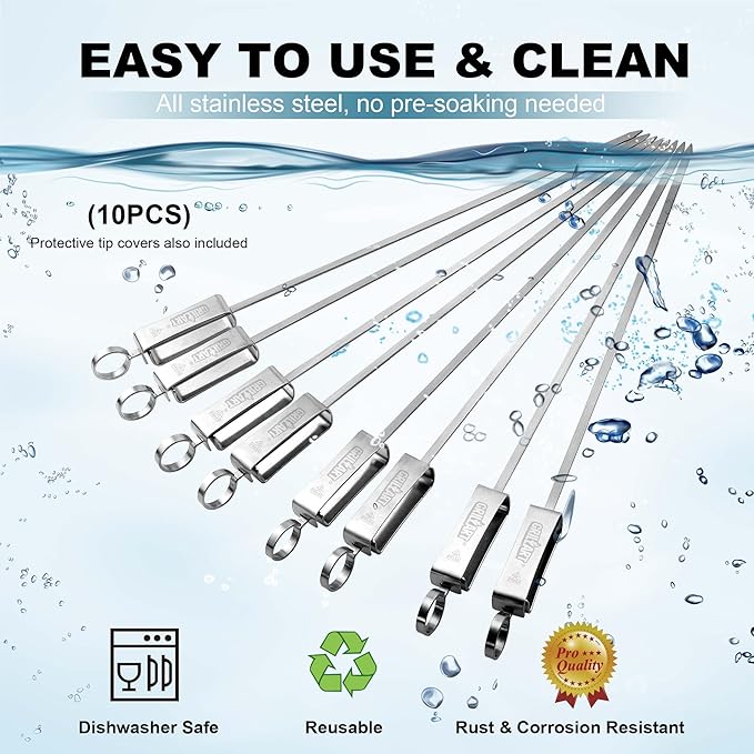 GRILLART Kabob Skewers for Grilling - Metal Skewer for Kabobs with Slider - Flat BBQ Skewer Stainless Steel - 17" Shish Kabob Grill Skewers & Ideal Kabob Sticks for Meat Shrimp Chicken Veggie (10PCS)