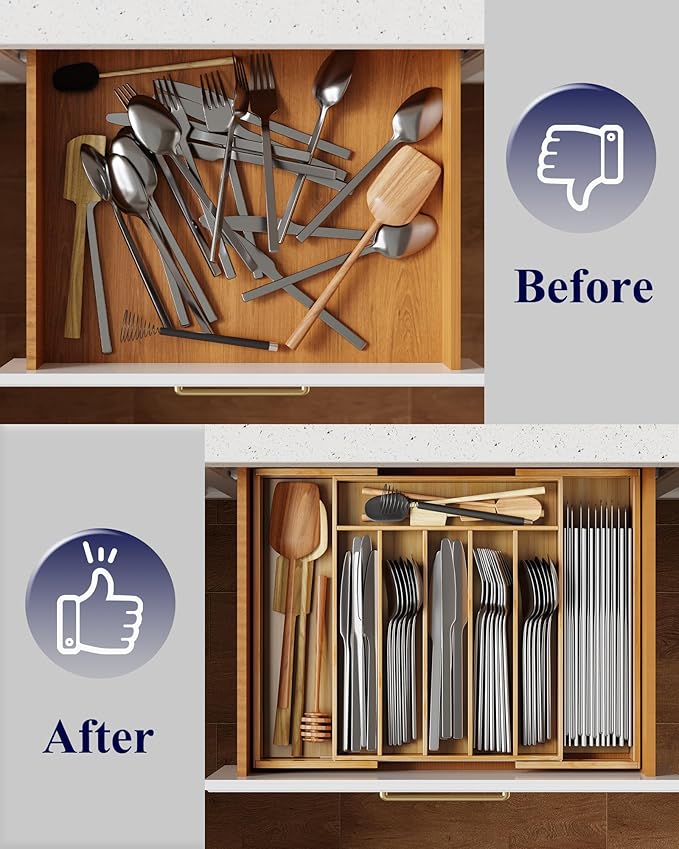 Kitsure Extra Large Bamboo Silverware Organizer - Expandable Drawer Organizer for Utensil, Cutlery and Flatware, Kitchen Storage Solution with 6 to 8 Slots, Natural, 19.7" × 15.4" × 2.0"