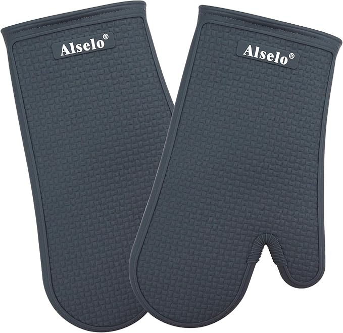 Alselo Oven Mitts Heat Resistant Silicone Kitchen Gloves for 550 Degrees with Waterproof and Non-Silp, Set of 2 Oven Gloves for Baking Cooking Barbecue Microwave Machine Washable (Grey, 2)