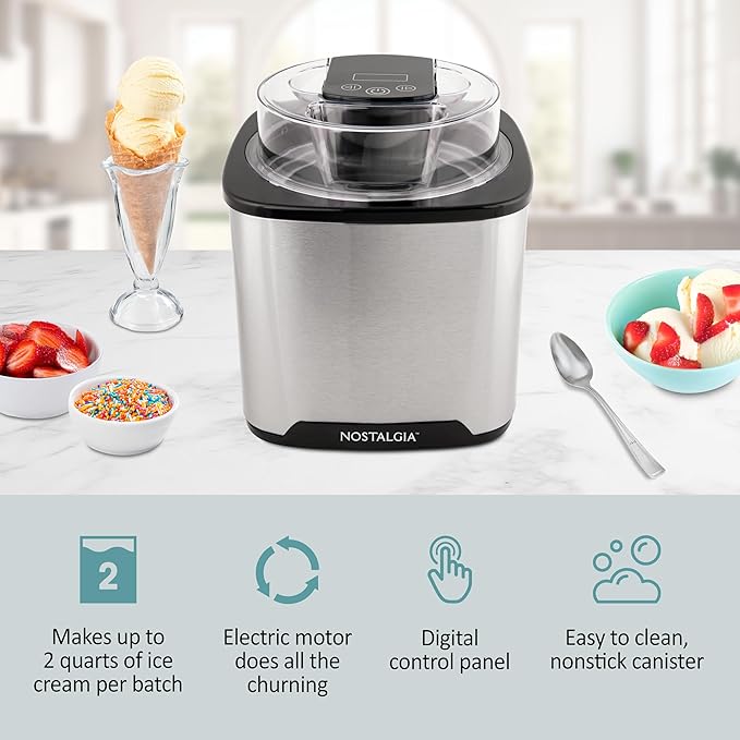 Nostalgia 2-Quart Electric Ice Cream Maker – Make Homemade Ice Cream, Gelato, Sorbet & Frozen Yogurt – No Salt/Ice Needed, Digital Controls, Mix-In Chute & Freezing Gel Canister – Stainless Steel