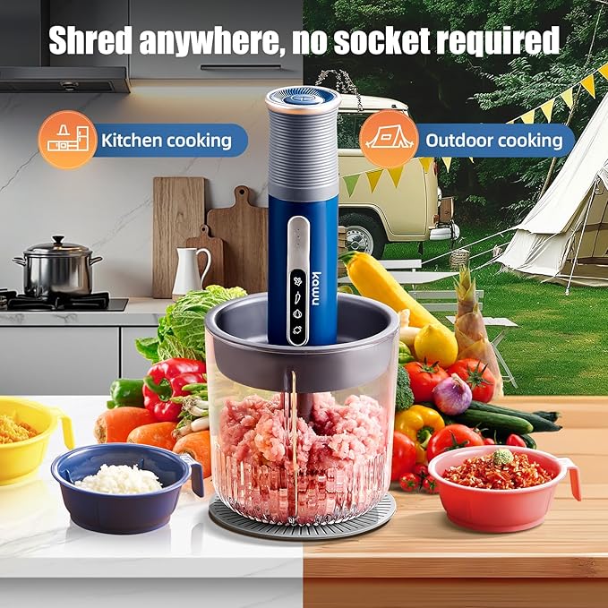 Kawu Electric Food Processor, Cordless Small Meat Grinder for Kitchen, Portable Vegetable Chopper with Glass Bowl, USB Rechargeable Meat Shredder, Mini Onion Chopper & Food Chopper Vegetable Cutter