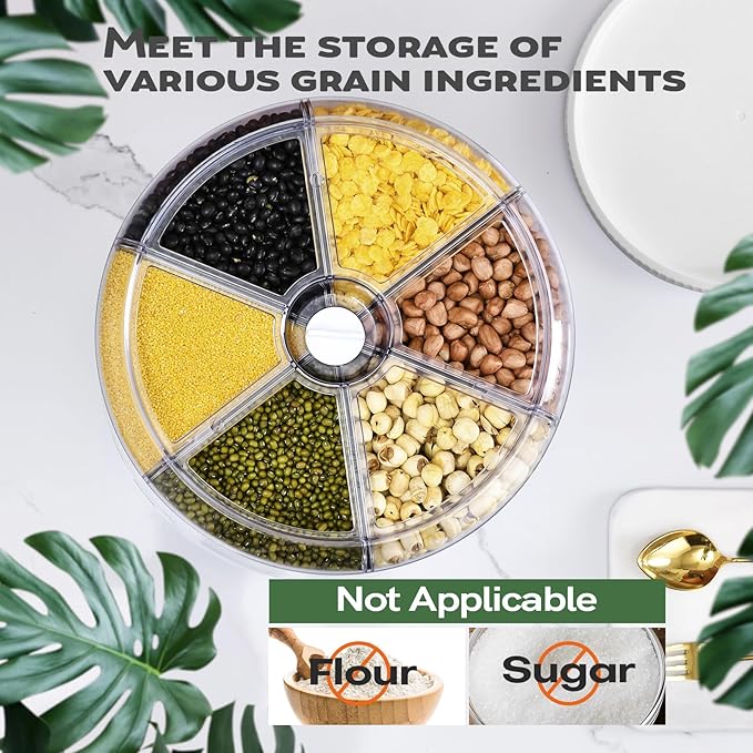 Grain Dispenser, 360° Rotating Storage Container, 6 Grid Food Dispenser with Storage Sealed Lid, Rice Dispenser for Grains, Beans, Rice, Peanut, Barley