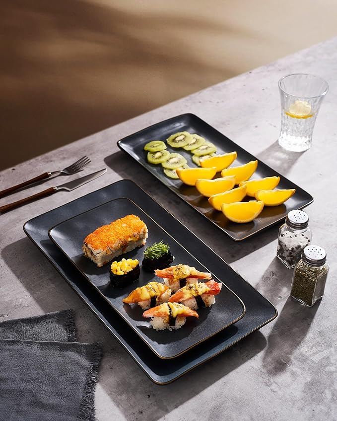 Famiware Serving Platter, Rectangular 15.67/14.1/12.6inch Serving Dishes for Entertaining, Dishwasher Safe, Stoneware Serving Trays for Party, Food, Turkey, Cheese, Reactive Glaze, Matte Dark Charcoal