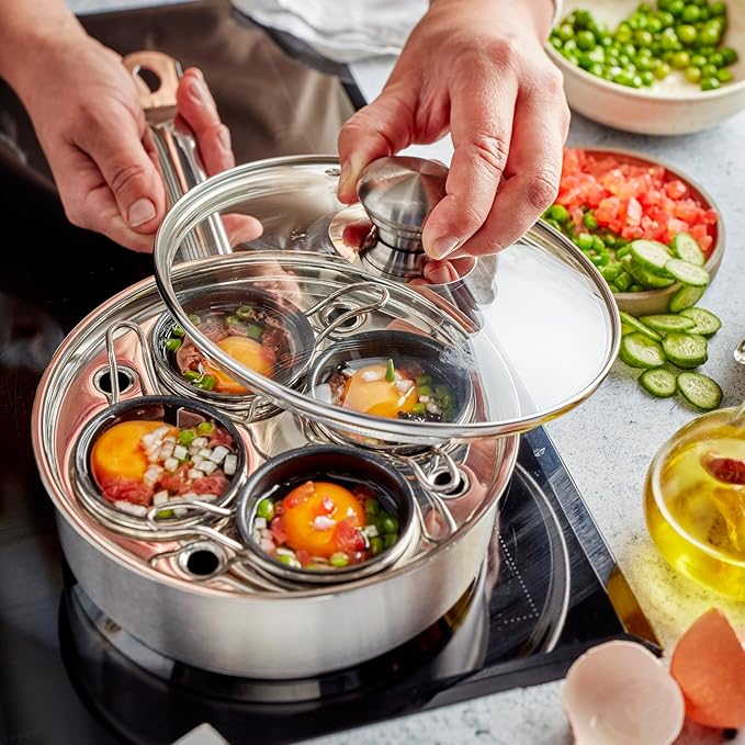 Demeyere Resto 18/10 Stainless Steel Stovetop Egg Poacher Set, 4 Removable Cups, Induction Compatible, Dishwasher Safe