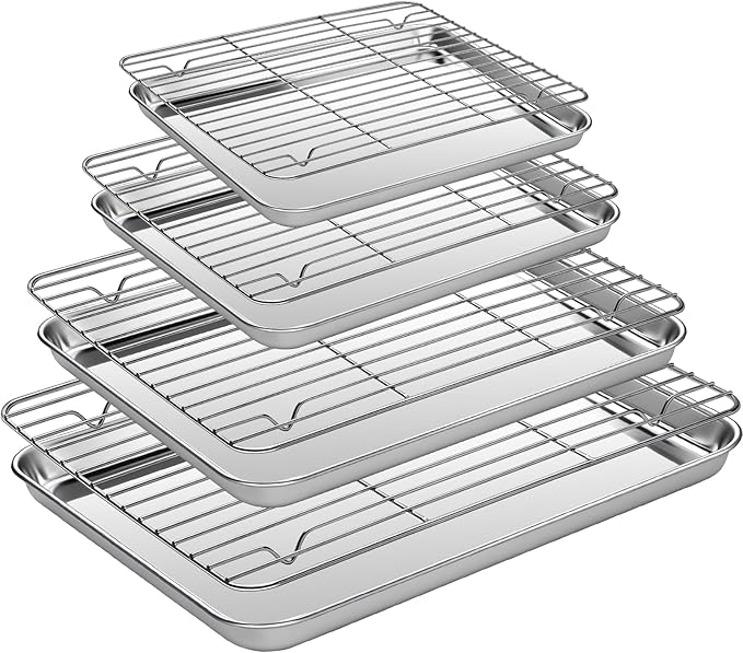 Baking Sheet Pan Set of 8, CEKEE Stainless Steel Cookie Sheets for Baking with Cooling Rack, Small/Quarter/Jelly Roll Pans, 9/10/12/16 Inch, 0.8mm Thick Heavy Duty & Non Toxic & Easy Clean