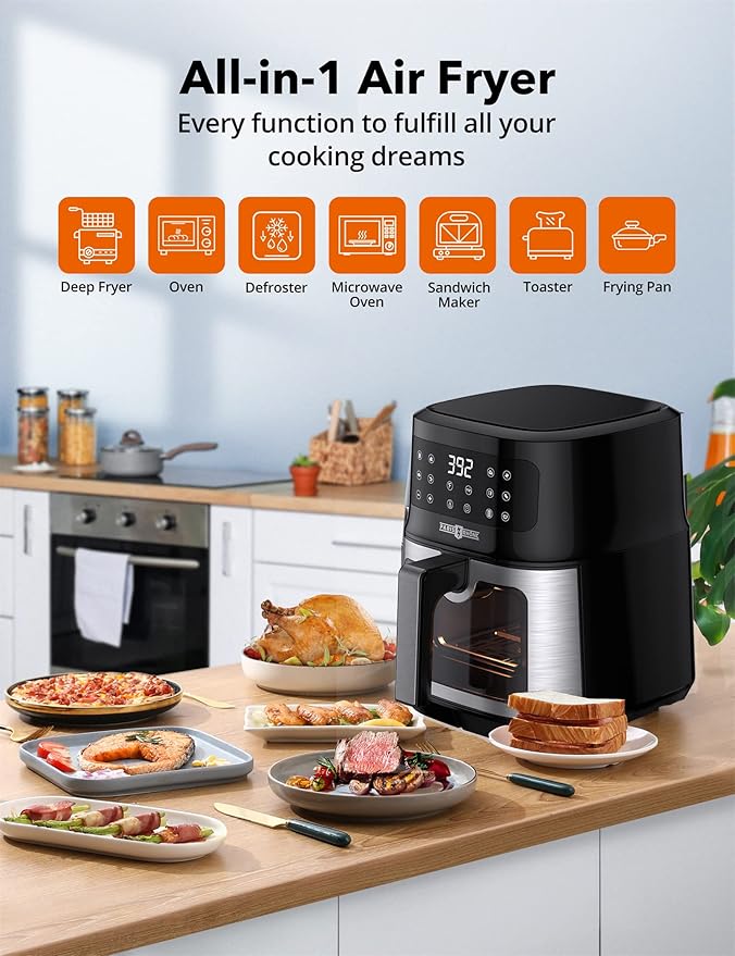 Air Fryer, 6 QT Camping Air Fryers Portable with 50 Recipes, One Touch Setting with 11 Cooking Functions and Voice Reminder, Dishwasher Safe