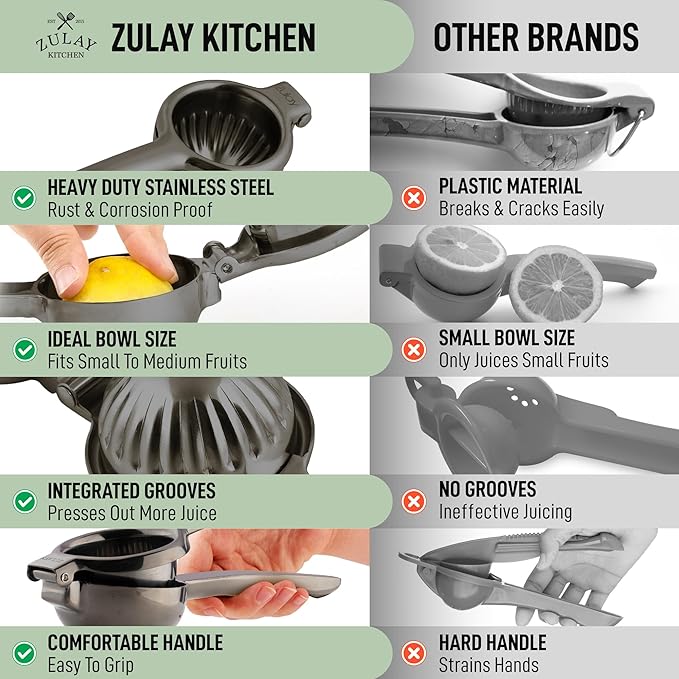 Zulay Kitchen Extra Large Lemon Squeezer Stainless Steel - Easy Squeeze Heavy Duty Lemon Juicer Hand Press - Ergonomic Citrus Squeezer & Fruit Juicer for Small Oranges, Lemons, & Limes - Black