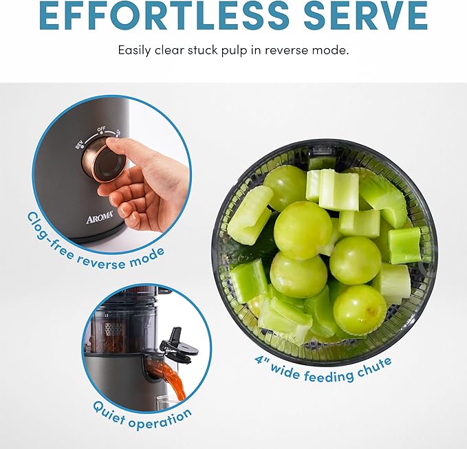 AROMA® Cold Press Juice Machine Slow Masticating Fruit and Vegetable Juicer for Home with Large 4-Inch Feeder and Double Pulp Filter
