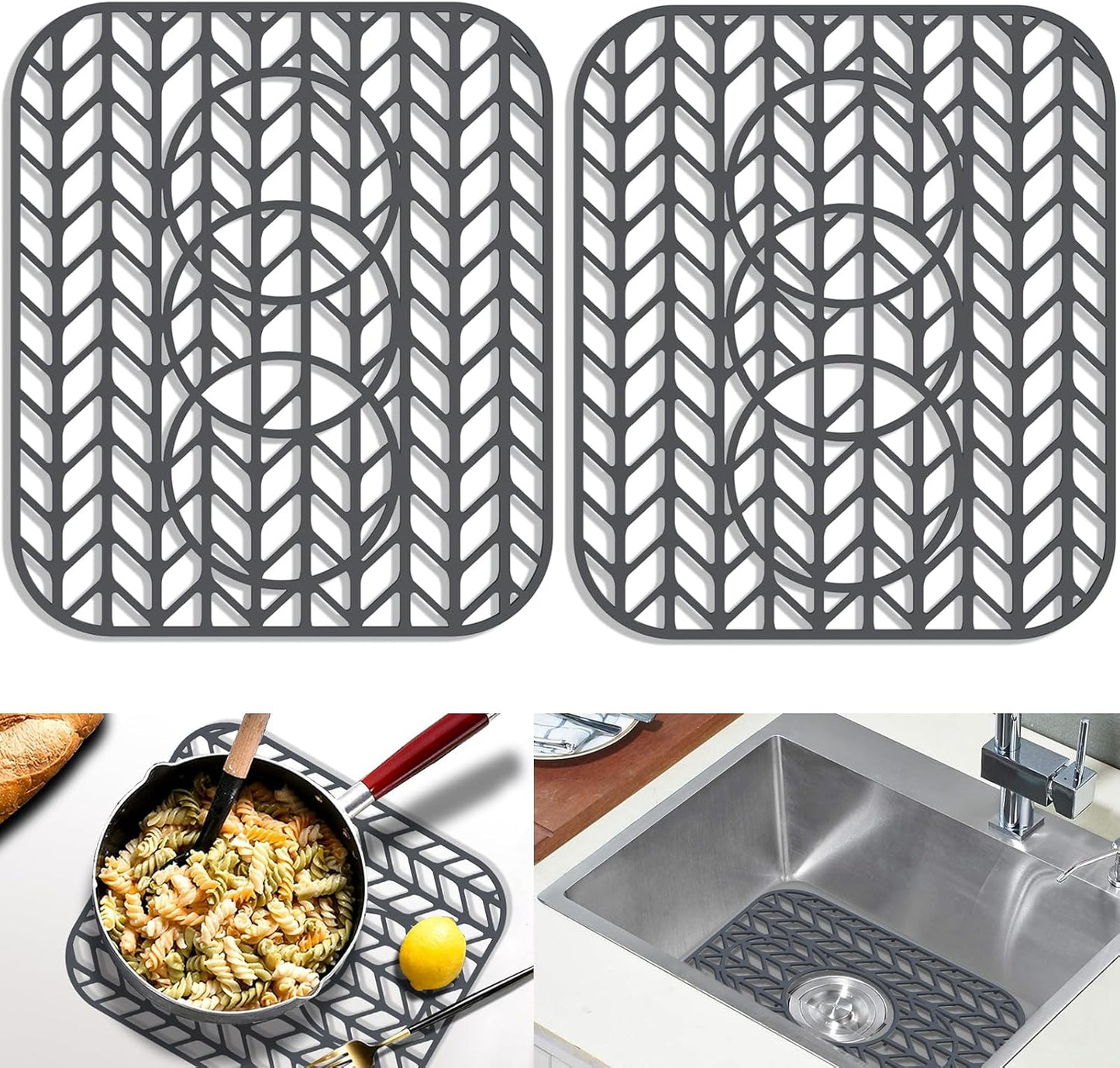 GUUKIN Sink Protectors for Kitchen sink, 13 5/8" x 11 5/8" Folding Non-slip Silicone Sink Mat Grid for Bottom of Farmhouse Stainless Steel Porcelain with 3 Reserved Holes Pack of 2