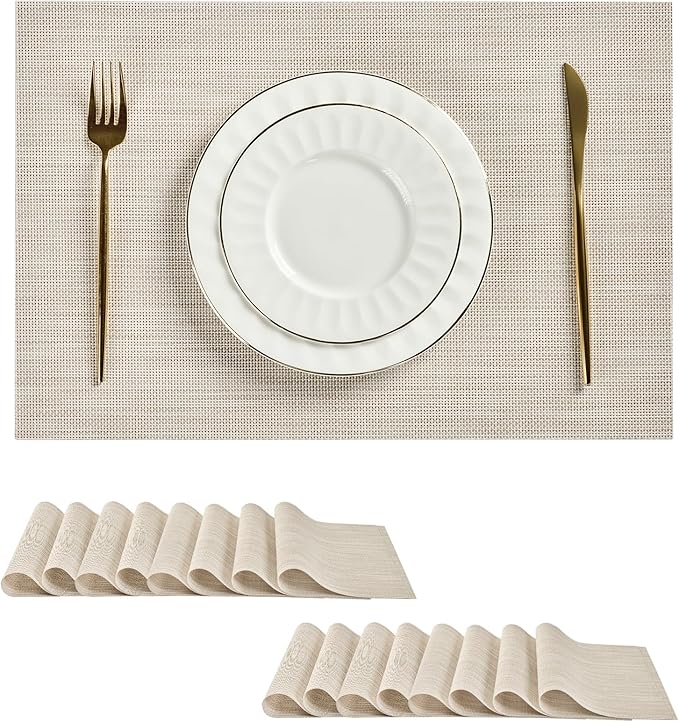 Leetaltree Beige White Placemats Set of 16 - Heat Resistant Non-Slip Place mats for Dining Table, Washable Durable PVC Vinyl Woven Table Mats(Beige White, 16)