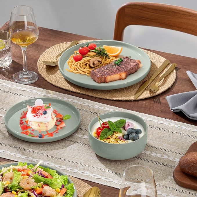 E-far 12-Piece Stoneware Dinnerware Sets, Plates and Bowls Sets for 4, Ceramic Dishware Dishes Set with Terracotta Base, Chip & Scratch Resistant, Microwave & Dishwasher Safe, Speckled Green