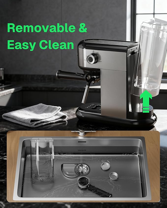 HBN 20 Bar Espresso Machine with Milk Frother, Compact Espresso Maker for Ground Coffee, Stainless Steel Coffee Machine with Steam Wand & 34oz Removable Water Tank, 1450W for Home & Office