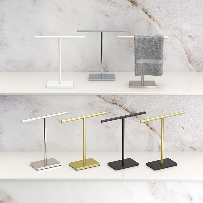 Gatco 1444PN, Modern Rectangle Base Freestanding Countertop Towel Holder, Polished Nickel / 10.50" W x 11.13" H T-Shape Style Countertop Hand Towel Holder for Bathroom, Kitchen/Fingertip Towel Rack
