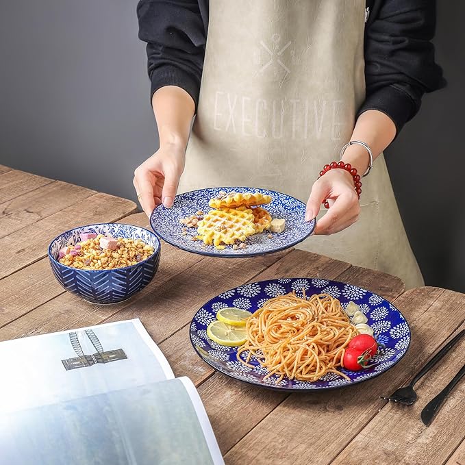 Selamica Ceramic Dinnerware Sets, 24 Pieces Dishes Set for 8, Embossed Plates and Bowls Sets for Holiday Celebrations, Dishwasher & Microwave Safe, Dark Blue