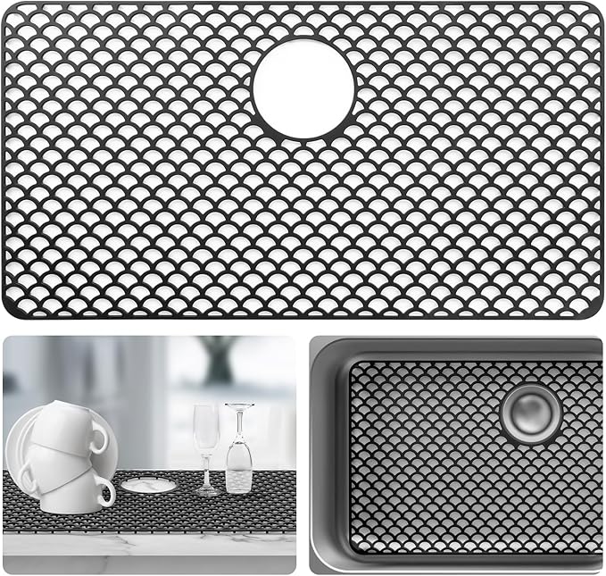 Sink Protectors for Kitchen Sink - Large 28.4"x 15" with Rear Drain Hole Heat Resistant Easy Clean Non-slip Silicone Kitchens Sinks Mat for Bottom of Kitchen Sinks Stainless Steel(Black)-72x38CM