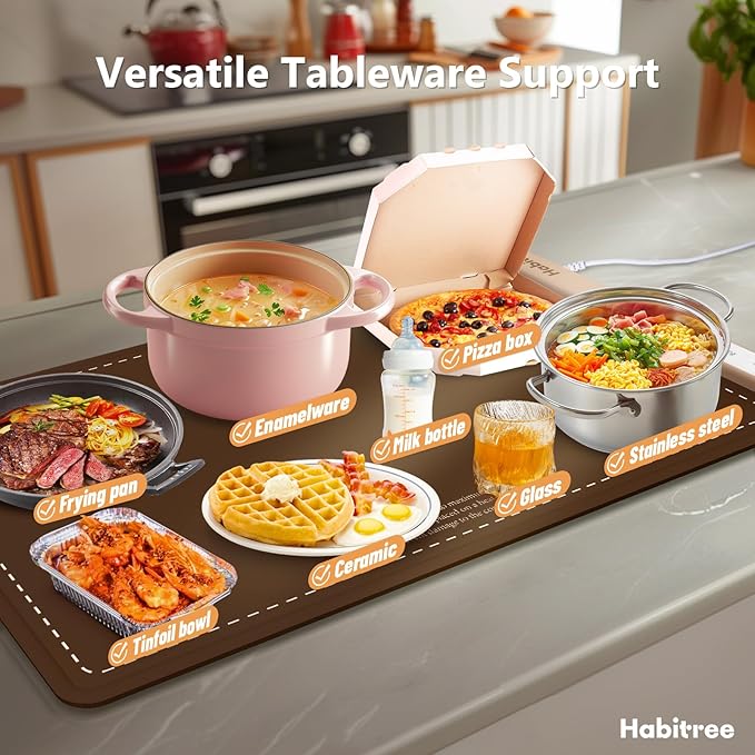 Warming Silicone Mat for Food - Day Gifts Kitchen Gadget, Graphene Rapid Heating, Warming Tray with 6-Level Temp Control, Rollable, Easy Clean - for Parties, Gatherings (Brown)