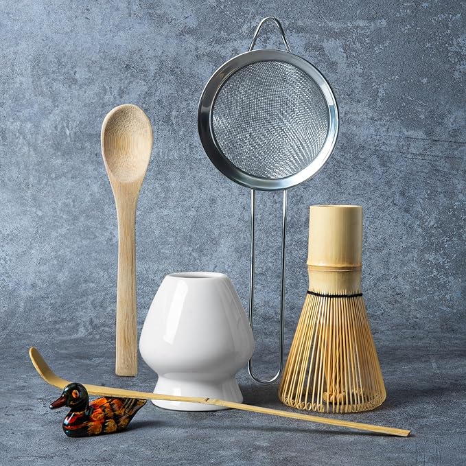Matcha Whisk Set, Matcha Making Kit Whisk (Chasen Holder), Ceramic Whisk Holder (White), Bamboo Scoop, Powder Starter Sifter, Spoon Japanese Tea Tools For Ceremony Gift