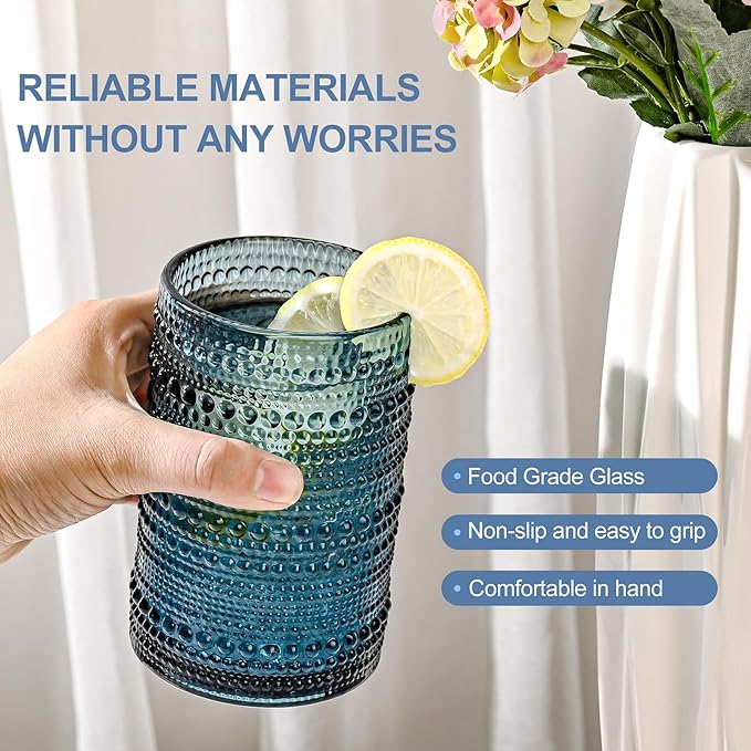 ZMOWIPDL Vintage Glassware Drinking Glasses Set of 12,Blue 12oz & 15oz Hobnail Glass Cups,Embossed Water Tumbler,for Beer,Cocktail,Whiskey,Juice and Various Mixed Drinks- 1 Cleaning Brush