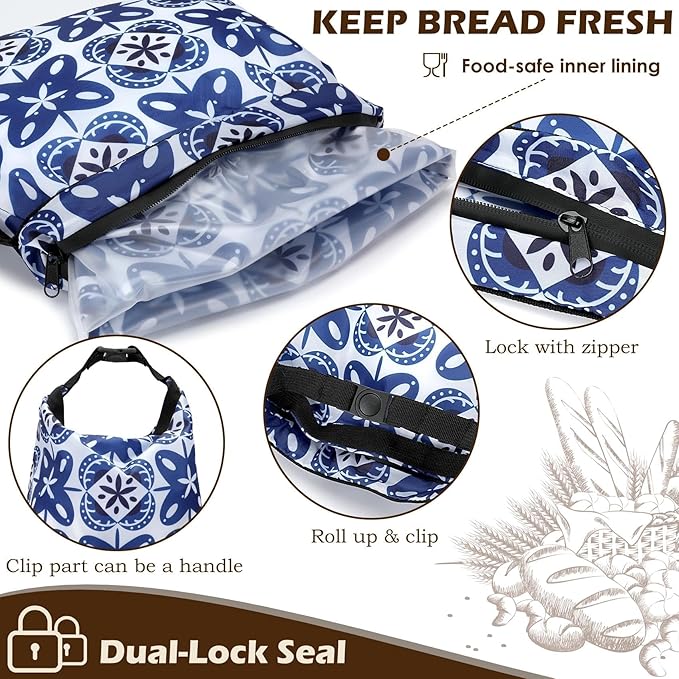 2 Pack Reusable Bread Bags for Homemade Bread, 17"×13" Sourdough Bread Storage Bags with Bowl Cover - Keep Loaf Fresh and Easy to Wash(Blue Gemstone Floral)