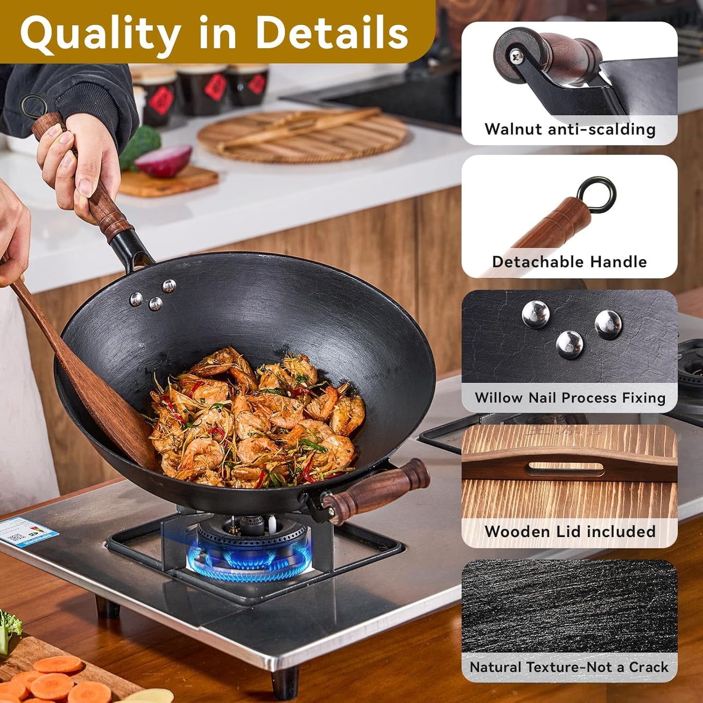 WANGYUANJI 13.4 Inch Cast Iron Wok with Lid – Flat Bottom Chinese Stir Fry Pan, Handcrafted Non-Coated Iron Cookware for Induction, Gas & Electric Stoves, Black