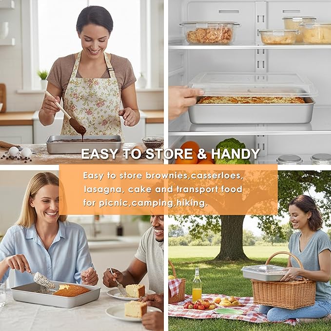E-far Toaster Oven Baking Pan with Lid, 10.4”x 8”x 2” Stainless Steel Rectangle Sheet Cake Pans with Covers, Small Bakeware for Cakes Brownies Casseroles, Non-toxic & Dishwasher Safe -Set of 2