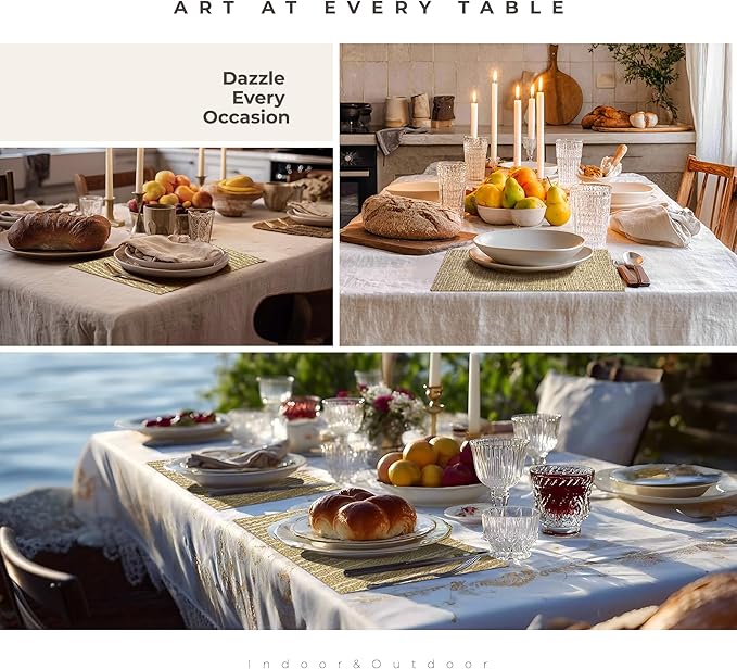 Leetaltree Gold Placemats Set of 12 - Heat Resistant Non-Slip Place mats for Dining Table, Washable Durable PVC Vinyl Woven Table Mats(Luxury Gold, 12)