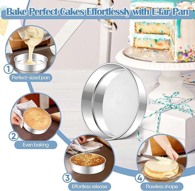 E-far 8 Inch Cake Pan Set of 2, Stainless Steel Round Baking Pans Tins Mold - Non-Toxic & Leak-Proof for Birthday Wedding Layer Tiered Cake, Easy Clean & Dishwasher Safe