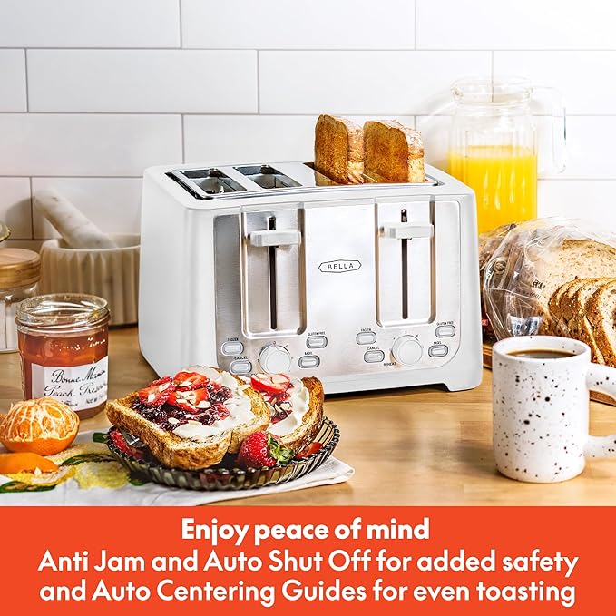 BELLA 4 Slice Toaster with Auto Shut Off - Extra Wide Slots & Removable Crumb Tray and Cancel, Defrost & Reheat Function - Toast Bread & Bagel, White