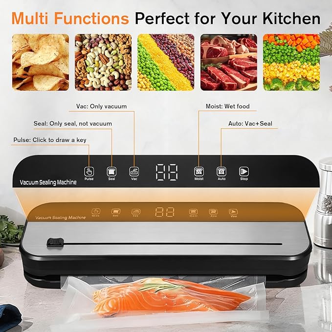 Powerful Vacuum Sealer Machine with 75kPa Suction, 10-in-1 Food Vacuum Sealer for Moist/Dry Food, Built-in Cutter & 50 Bags + Hose – Complete Food Saver for Long-Lasting Freshness