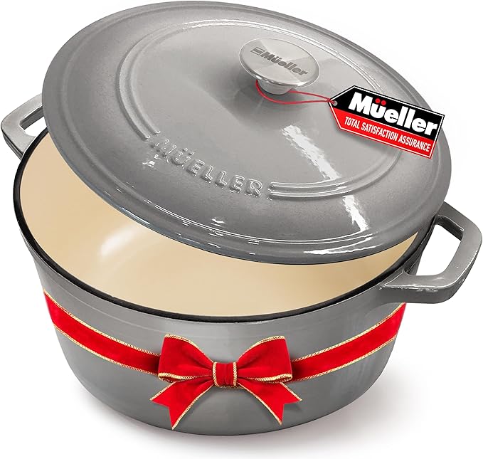 Mueller 6 Quart Enameled Cast Iron Pot Dutch Oven, Heavy-Duty Oven-Safe up to 500° F, & Across All Cooktops, Casserole Dishes for Ovens, Bread Pan with Lid and Knob, Cast Iron Cookware, Grey