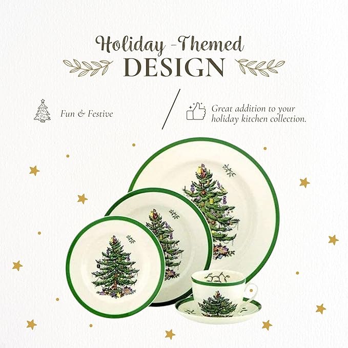 Spode Christmas Tree 5-Piece Place Setting - Festive Earthenware Tableware with Plates, Teacups, Saucers - Microwave, Dishwasher Safe - Christmas Dinnerware & Holiday Tableware