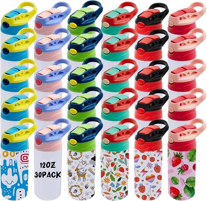 30 Pack 12 OZ Sublimation Straw Sippy Cup Blank Tumblers Double Wall Vacuum Insulated Mixed Color Thermoses Stainless Steel Water Bottles for School