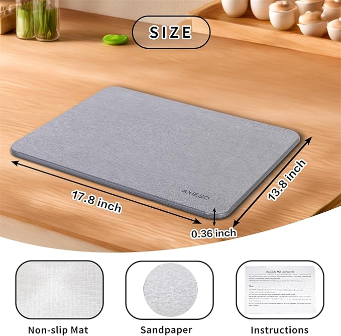 AXIESO Large Stone Dish Drying Mat - Fast Quick Dry Stone Kitchen Counter Pad - 18 x 14 Inches Diatomaceous Earth - Super-Absorbent Shower Bath Mat