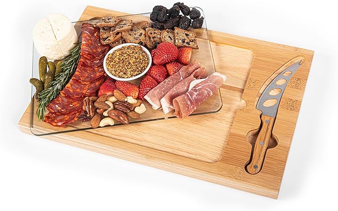 PICNIC TIME NHL Utah Mammoth Icon Glass Top Cutting Board & Knife Set, Charcuterie Board Set with Stainless Steel Cheese Knife, Tempered Glass Serving Platter and Charcuterie Set, (Natural Wood)