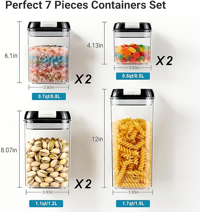 OMIO Airtight Food Storage Containers 7 Pcs, BPA-Free Kitchen Canisters with Intrusive Seal Lids & Silicone Gasket for Cereal, Flour, Pasta - Leak Proof, Stackable Pantry Organizers