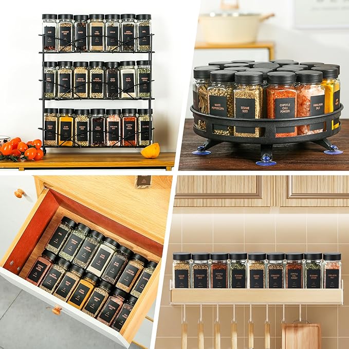 Spice Jars with Label，4oz Glass Spice Bottles With Shaker Lids，Seasoning Containers with Funnel, Chalk Pen for Cabinet，Drawer，Rack (Black, 24)
