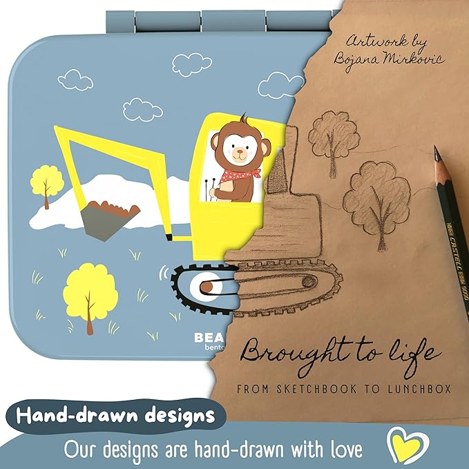 BEARFOOT Kids Lunch Box with Compartments – Compact & Lightweight | Leak-Proof, BPA-Free, Dishwasher & Microwave Safe | Hand-Drawn Design for Preschool, School, Travel (Excavator Monkey Blue, 4 Cups)