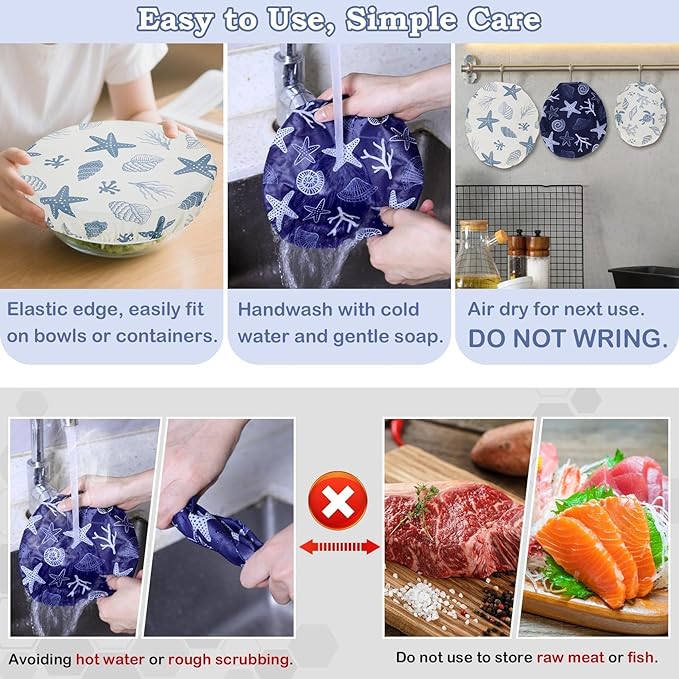 5-Size Reusable Beeswax Bowl Covers for Bread Proofing, Cotton Cloth Flexible Beeswax Wraps for Food Storage(Ocean Series)