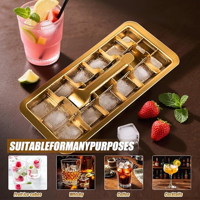Professional Ice Cube Tray Gold-color, 18-Slot Stainless Steel, Heavy Duty Metal Freezer Mold with Lever Release, Bar & Kitchen Use, Send Goods from Local Warehouse