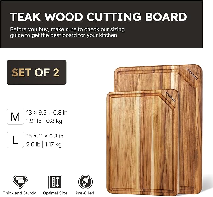 2 Pack Teak Wood Cutting Board Set Non Slip Over Sink Charcuterie Board Serving Heavy Duty Non Toxic Wooden Chopping Board Thick Haus Easy-Grip Handles, Knife-Friendly Best Kitchen Essential Gift