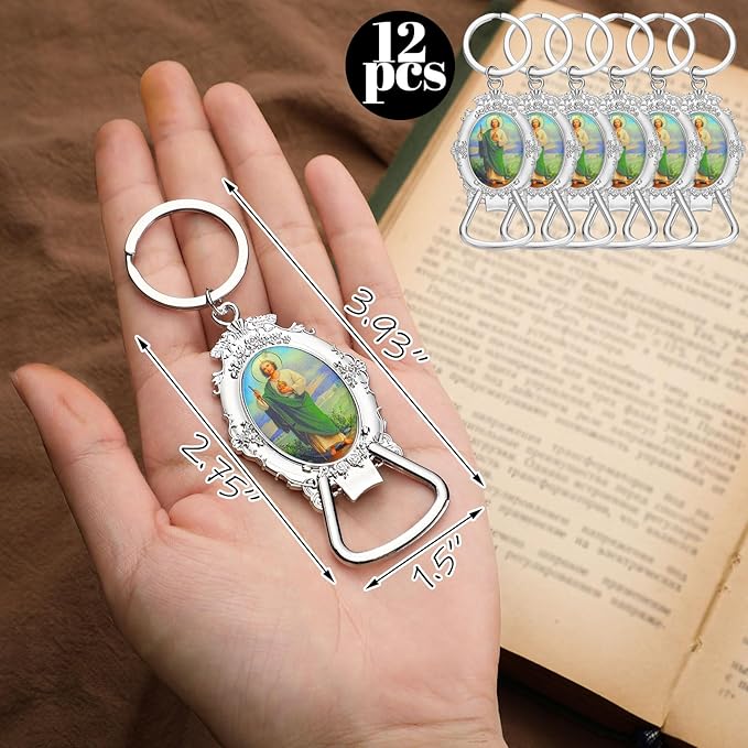 Misdary 12 Pcs St. Jude Bottle Opener Keychain Catholic Bottle Opener with Organza Baptism Party Favor for Guest