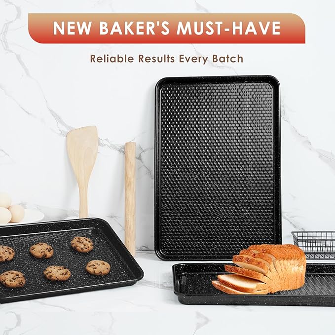Baking Sheet Pan Set of 3, Nonstick Carbon Steel Cookie Sheets with Texture, Commercial Half/Quarter/Jelly Roll Pans Replacement Toaster Oven Tray, Heavy Duty & Easy Clean, Black