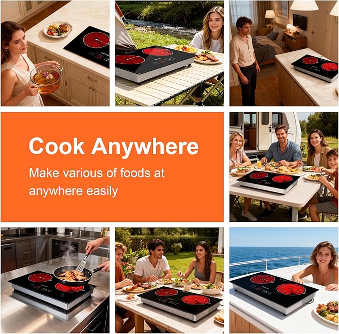 Dual Coils Design of Double Burner Electric Cooktop, 1800W Commercial Ceramic Infrared Cooking Hot Plate, Portable Countertop or 24in Built-in Radiant Stove Top Cooker with WATT n TEMP Heating Control