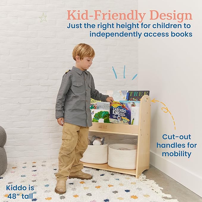 ECR4Kids 3-Shelf Floor Book Display with Handles and Storage, 30in, Kids Bookshelf, Natural