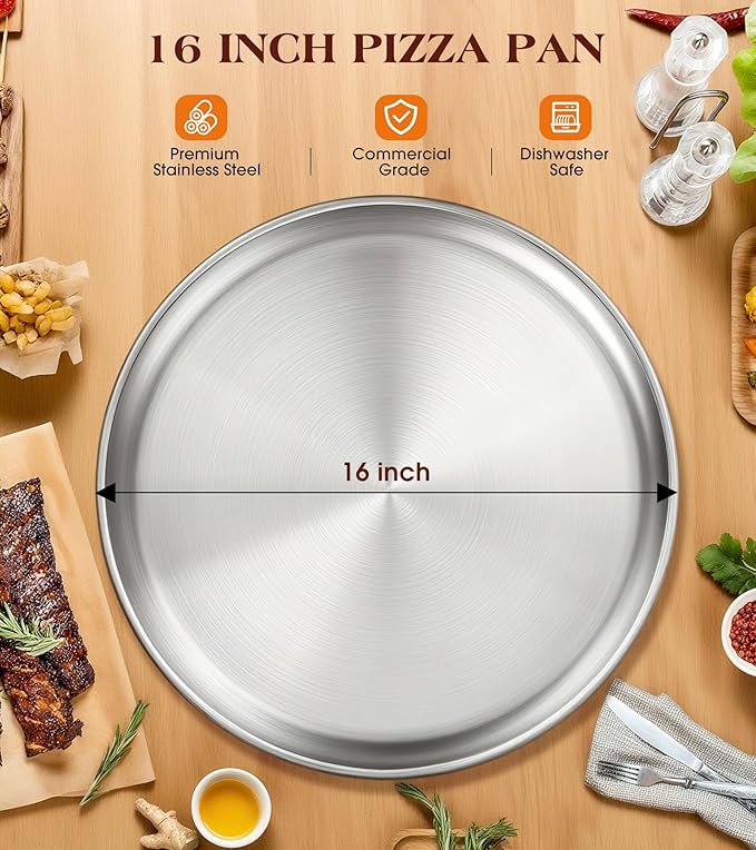 Yuiicaov Stainless Steel Pizza Pan 16 inch, Pizza Pan for Oven, Steel Pizza Tray, Thick Round Pizza Plate Pizza Baking Sheet, Easy Clean & Dishwasher Safe, Set of 1