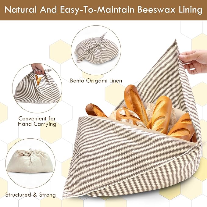 2 Pack Beeswax Bread Bags, Striped Linen Bento Bags, 14" Cotton Loaf Bag, Reusable Organic Food Storage, Sourdough Bag, Rustic Farmhouse Azuma Bukuro Origami Wrap for Baked Gifts (Natural Color, 2)