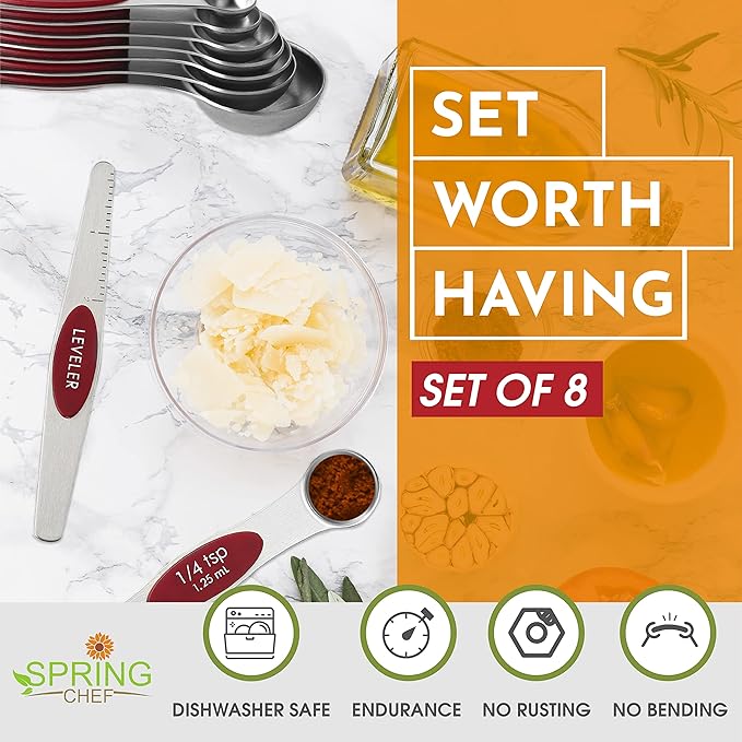 Spring Chef Ice Cream Scoop and Magnetic Measuring Spoons Set Bundle - Red