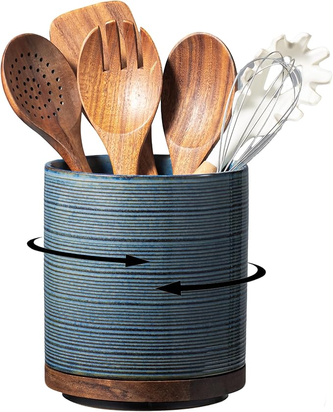 Utensil Holder, 360° Rotating Extra Large Ceramic Kitchen Utensil Holder for Countertop, 7.3“ Cooking Utensil Crocks for Kitchen Counter with Rotatable Wooden Base, Farmhouse Decor, Dusty Blue
